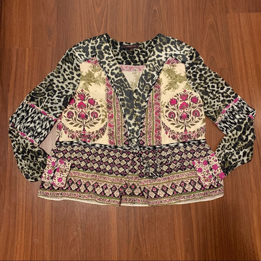 Marchesa Voyage women’s silk long sleeve leopard floral blouse size 4